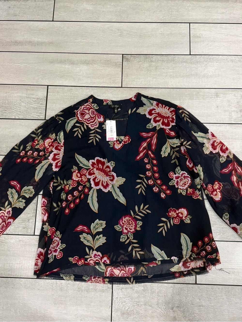 Jessica Simpson Navy Floral Sheer Blouse with Red and Cream Blooms